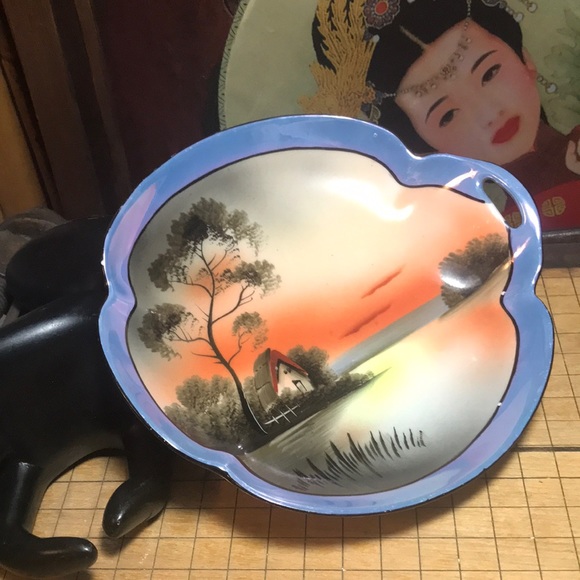 Noritake M Lusterware Japan Hand Painted Waterside Glowing Sunset Sunrise Scene - Picture 3 of 13